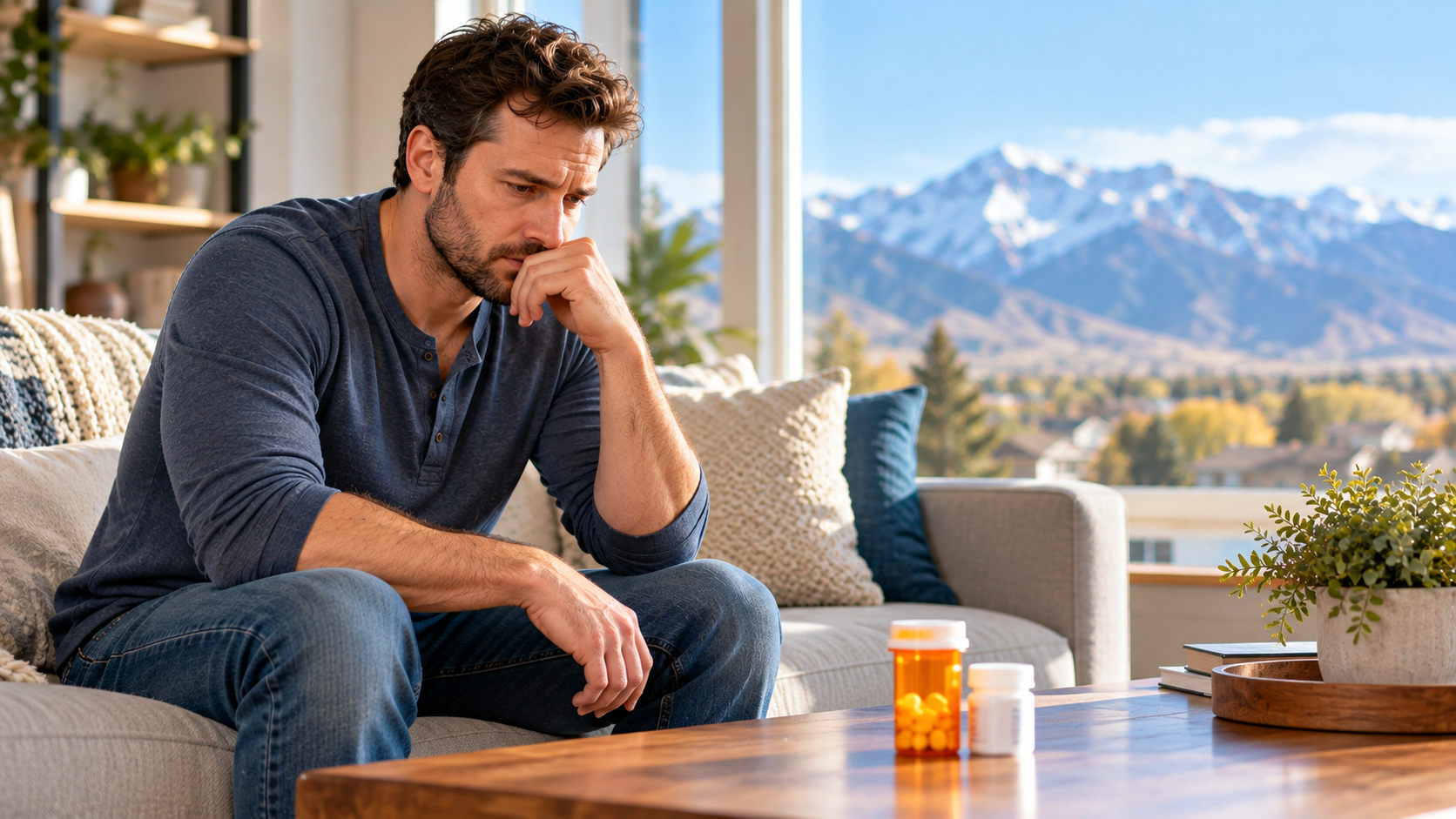 A man sits on a sofa looking down at two pill bottles on a coffee table, with a mountain view in the background reflecting a need for prescription drug addiction treatment in Utah.