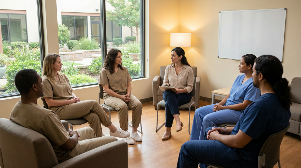 A group of five people sit in a circle in a well-lit room, with one person holding a clipboard, suggesting a group discussion or counseling session.