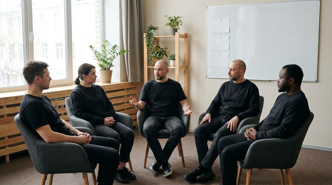 Five people sit in a circle having a discussion about addiction recovery in a bright room with a whiteboard, plants, and large windows.
