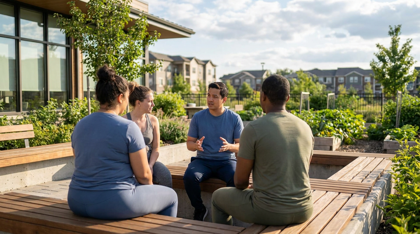 Four people sit on wooden benches in a garden at Pleasant View, Utah, talking in a circle. Buildings and greenery are visible in the background under a partly cloudy sky, creating a peaceful setting ideal for open conversation and addiction recovery.