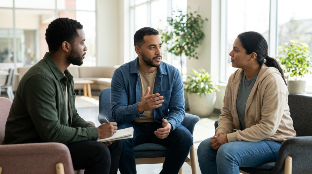 Three people sit in chairs indoors, engaged in a serious conversation about the Intensive Outpatient Program (IOP); one person takes notes while the others listen and speak.