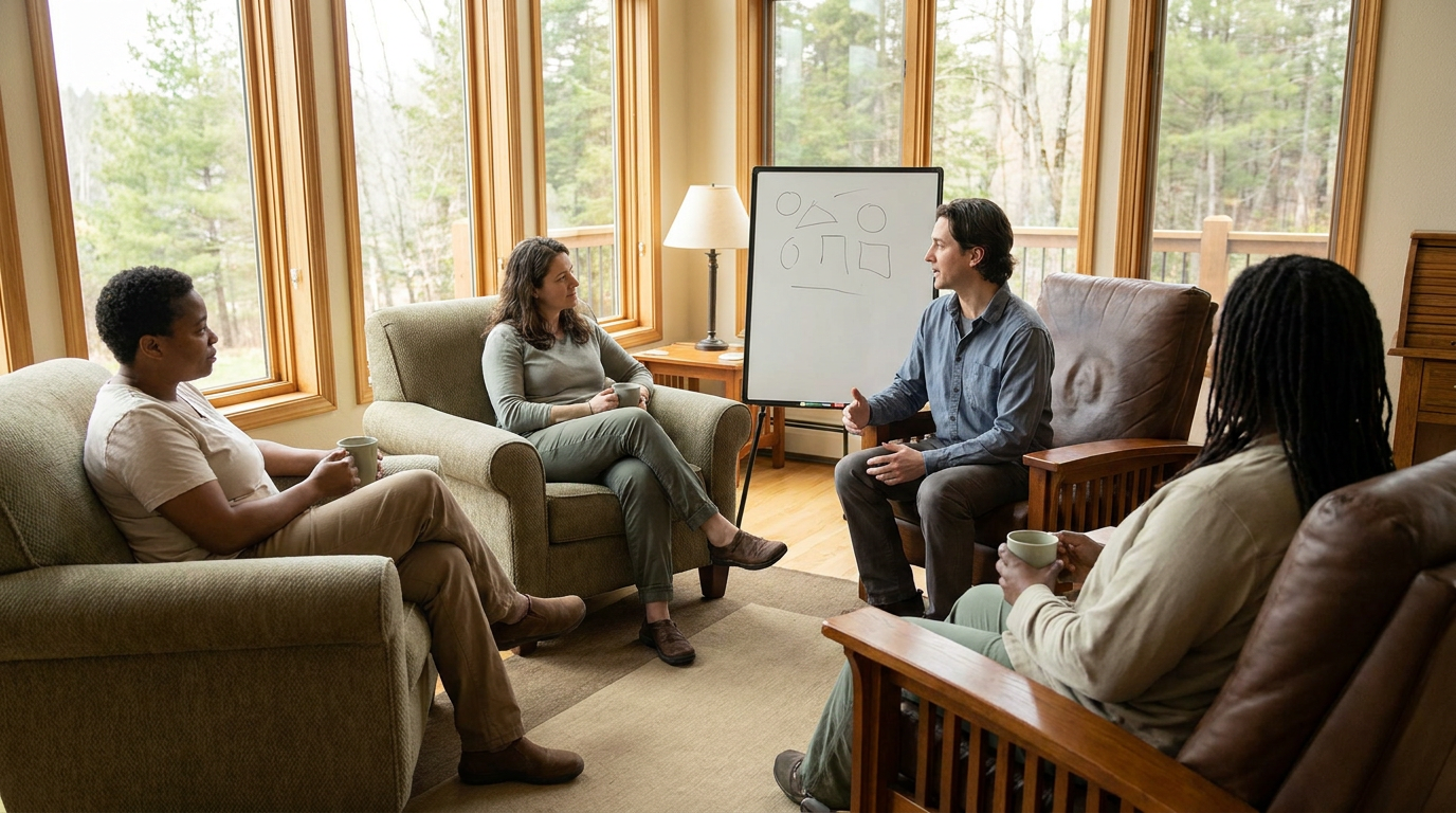 Four people sit in a living room in Pleasant View, Utah, holding mugs and discussing addiction recovery near a whiteboard with shapes drawn on it. Large windows show trees outside.