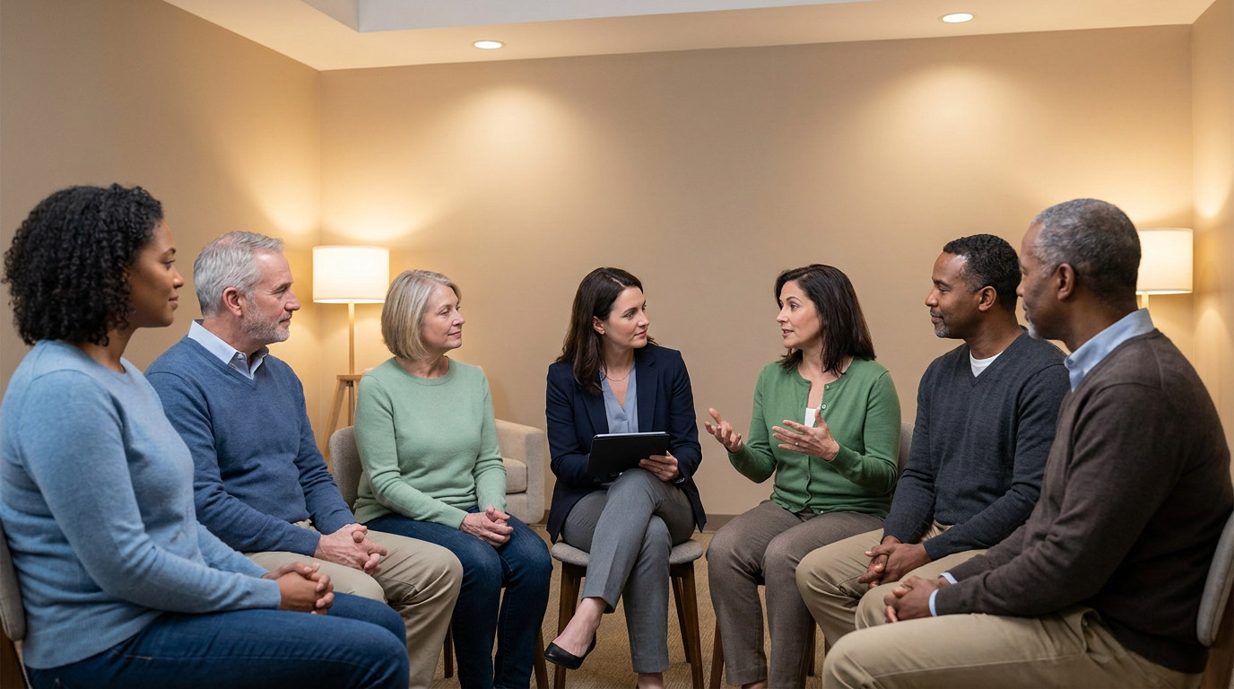 Six adults sit in a circle in a well-lit room, engaged in a group discussion as part of group therapy. One woman gestures while speaking about substance abuse, and another holds a tablet, listening attentively. Six adults sit in a circle in a well-lit room, engaged in a group discussion as part of group therapy. One woman gestures while speaking about substance abuse, and another holds a tablet, listening attentively.