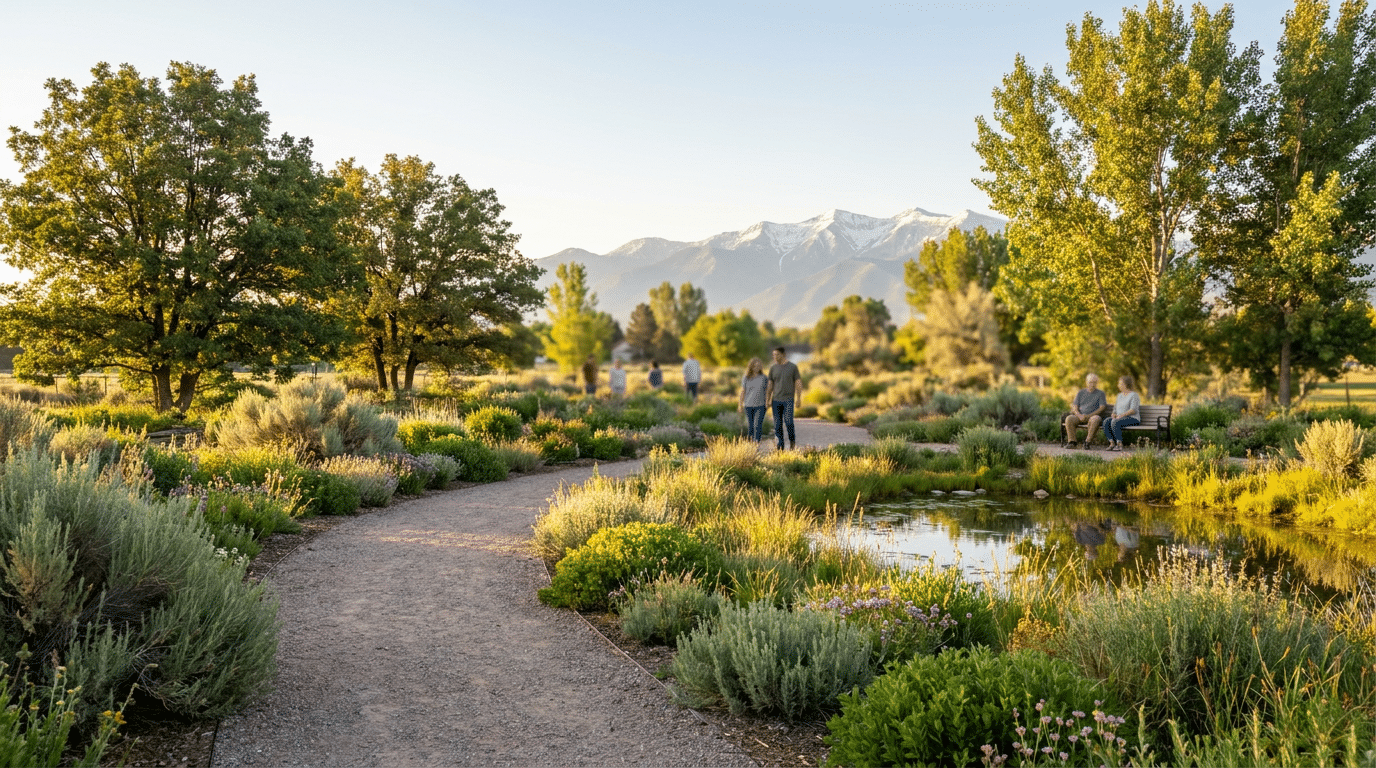 A gravel path curves through a landscaped park in Farr West, UT, with green bushes, a pond, and people walking or sitting. Snow-capped mountains are visible in the background under a clear sky, creating an inviting environment ideal for reflection and addiction recovery.
