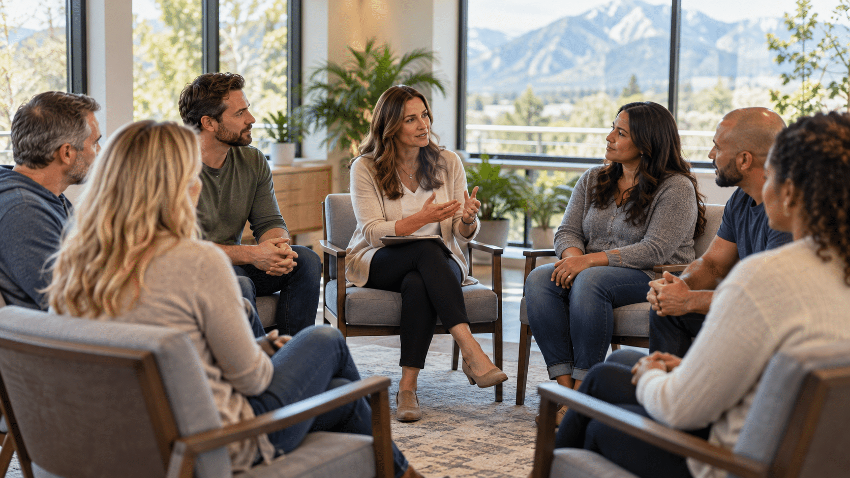 A diverse group of people sitting in a circle in a bright room, listening to a woman lead a group therapy session.