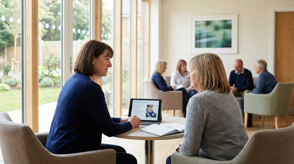 Two women sit at a table talking about the Intensive Outpatient Program, with a digital tablet and notebook in front of them; several people are talking in groups in the background of a bright room with large windows.