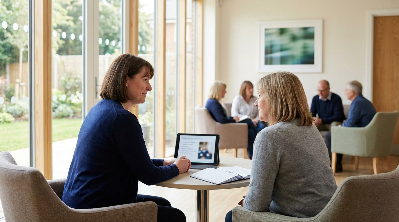 Two women sit at a table talking about the Intensive Outpatient Program, with a digital tablet and notebook in front of them; several people are talking in groups in the background of a bright room with large windows. Two women sit at a table talking about the Intensive Outpatient Program, with a digital tablet and notebook in front of them; several people are talking in groups in the background of a bright room with large windows.